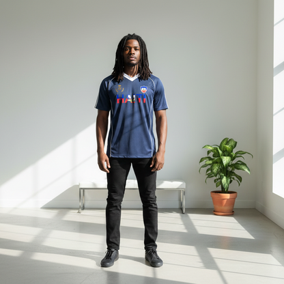 Unisex Haiti Flag Themed Graphic Shadow Stripe Collared Soccer Jersey