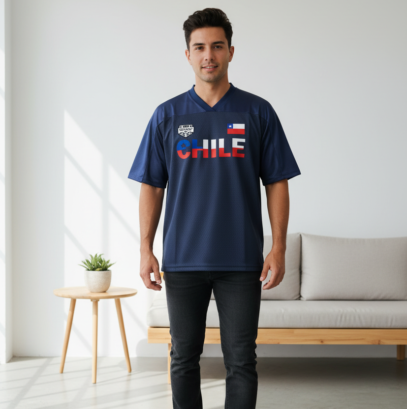 Chile Flag Themed Graphic Mesh V-Neck Soccer Jersey