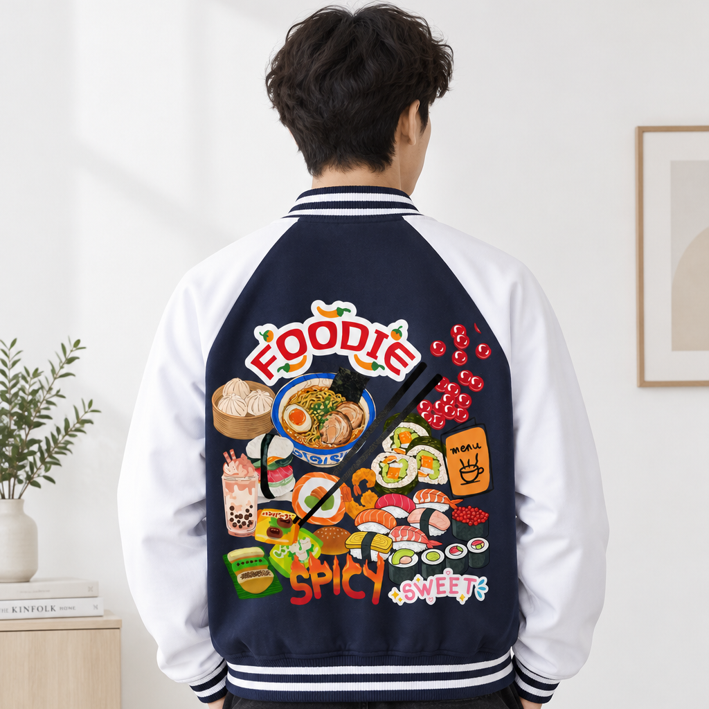 Foodie Enthusiast Graphic Two Tone Raglan Sleeve Varsity Unisex  Jacket