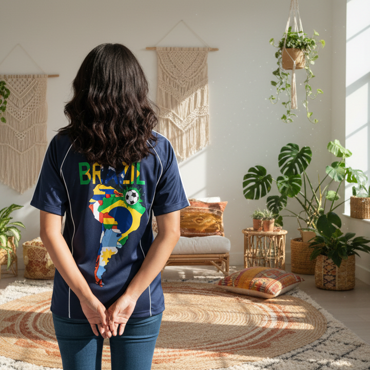 Brazil Flag Themed Graphic Shadow Stripe Collared Soccer Unisex Jersey