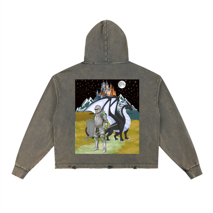 Medieval Dragon Themed Graphic Vintage Washed Frayed-Hem Hoodie