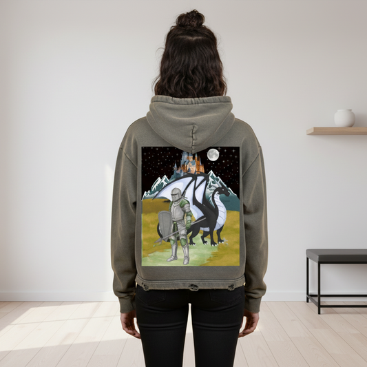 Medieval Dragon Themed Graphic Vintage Washed Frayed-Hem Hoodie
