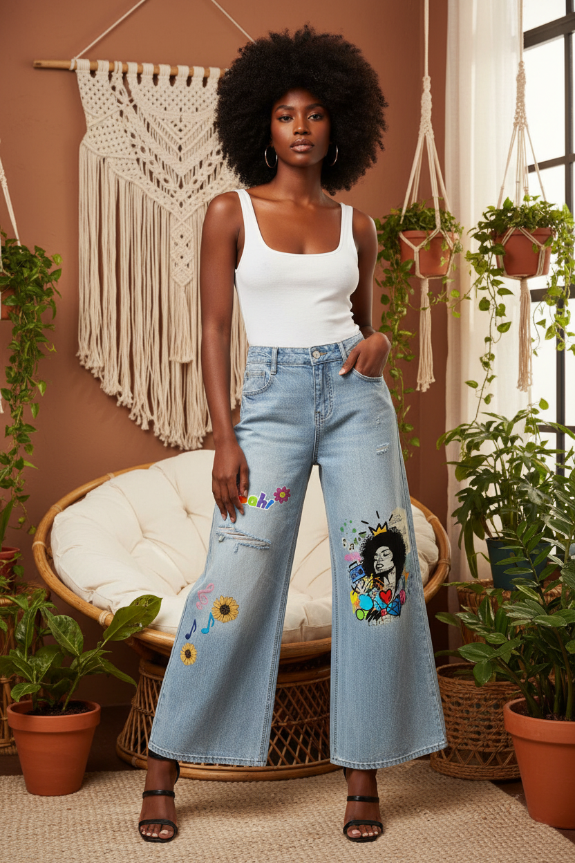 Colorful Graffiti Afro Music Themed Graphic Women's Vintage Wash Distressed Wide Leg Jeans