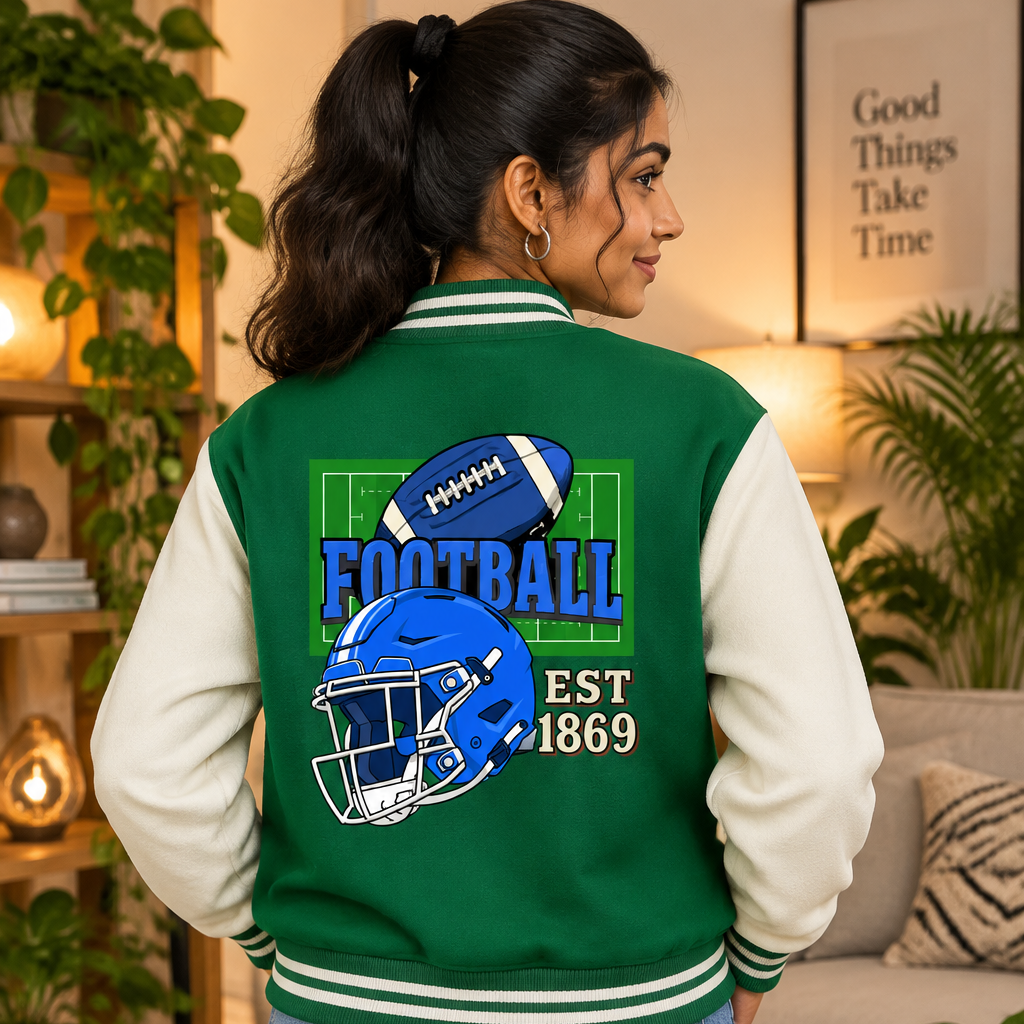 American Football Themed Graphic Two-Tone Fleeced Varsity Unisex Jacket