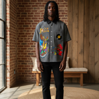 Jazz Musician Themed Graphic Unisex Striped Boxy Contrast Collar Shirt