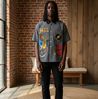 Jazz Musician Themed Graphic Unisex Striped Boxy Contrast Collar Shirt