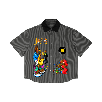 Jazz Musician Themed Graphic Unisex Striped Boxy Contrast Collar Shirt