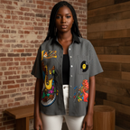 Jazz Musician Themed Graphic Unisex Striped Boxy Contrast Collar Shirt