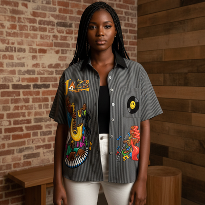 Jazz Musician Themed Graphic Unisex Striped Boxy Contrast Collar Shirt