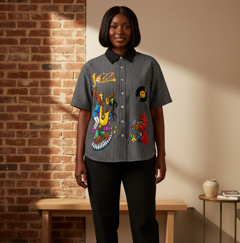 Jazz Musician Themed Graphic Unisex Striped Boxy Contrast Collar Shirt