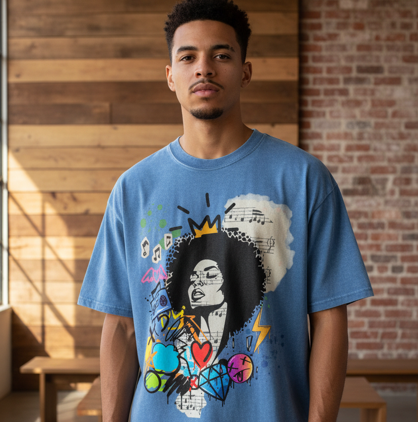 Graffiti Black Musician Art Unisex Snow Washed Oversized Cotton T-Shirt