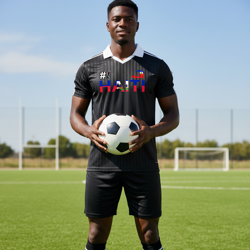 Unisex Haiti Flag Themed Contrast Collar Striped Soccer Jersey