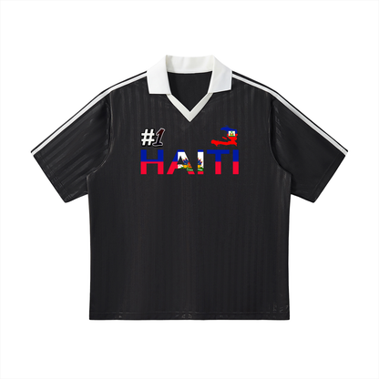 Unisex Haiti Flag Themed Contrast Collar Striped Soccer Jersey