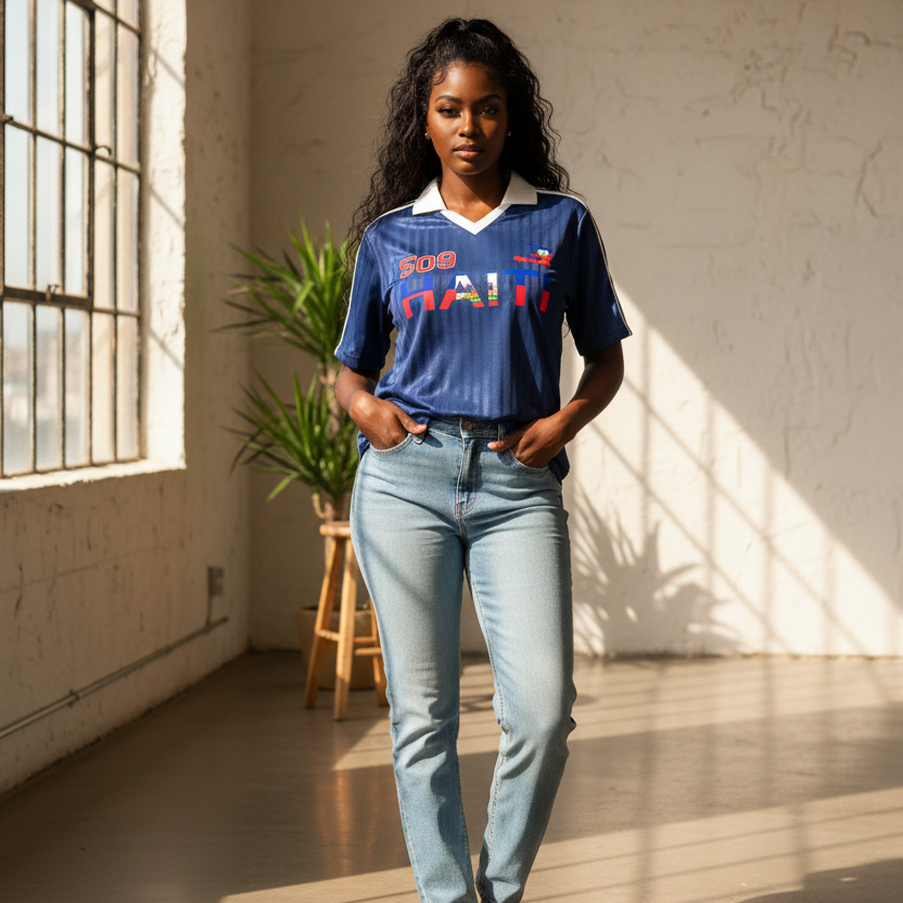 Haiti Flag-Inspired Unisex Soccer Jersey Featuring a Contrast Collar and Striped Design