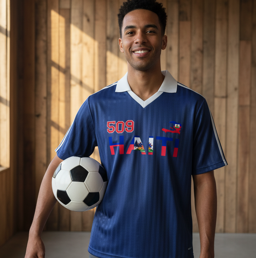 Haiti Flag-Inspired Unisex Soccer Jersey Featuring a Contrast Collar and Striped Design