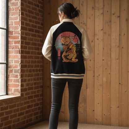 Asian and Tiger Themed Graphic Contrast Raglan Sleeve Baseball  Unisex Jacket