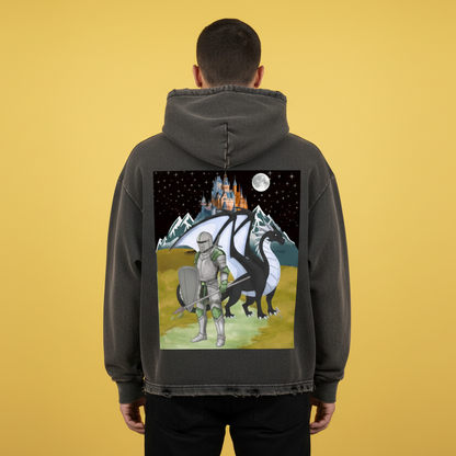 Medieval Dragon Themed Graphic Vintage Washed Frayed-Hem Hoodie