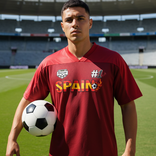 Spain Flag Themed Graphic Mesh V-Neck Soccer Jersey