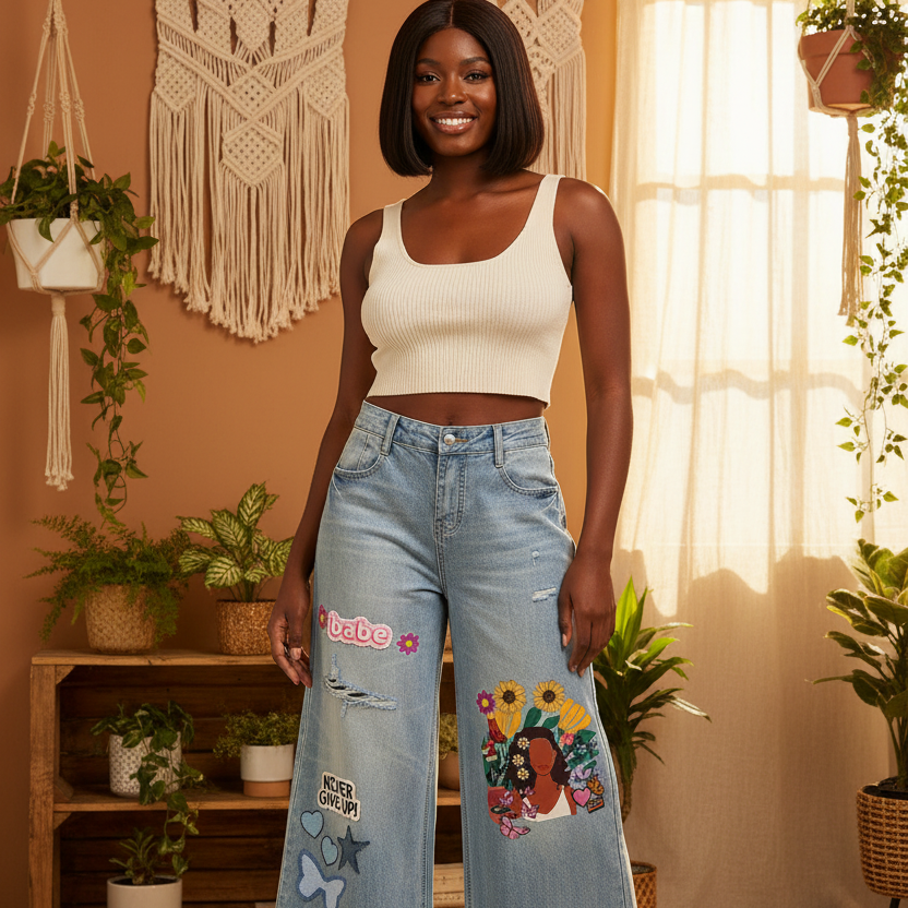 Colorful Afro Art  Themed Graphic Women's Vintage Wash Distressed Wide Leg Jeans