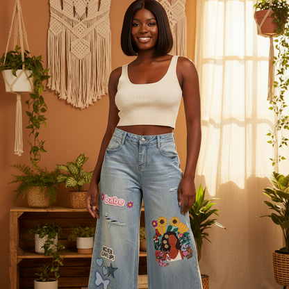 Colorful Afro Art  Themed Graphic Women's Vintage Wash Distressed Wide Leg Jeans