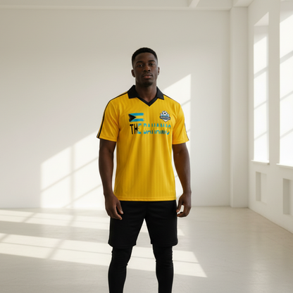 Bahamas Flag Themed Contrast Collar Striped Soccer Jersey