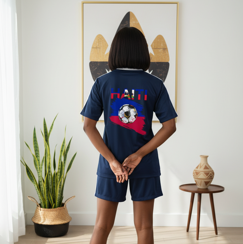 Unisex Haiti Flag Themed Graphic Shadow Stripe Collared Soccer Jersey
