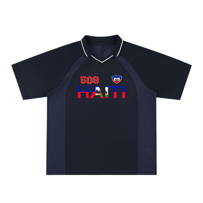 Haitian Pride and Flag Themed Striped V-Neck Unisex  Soccer Jersey