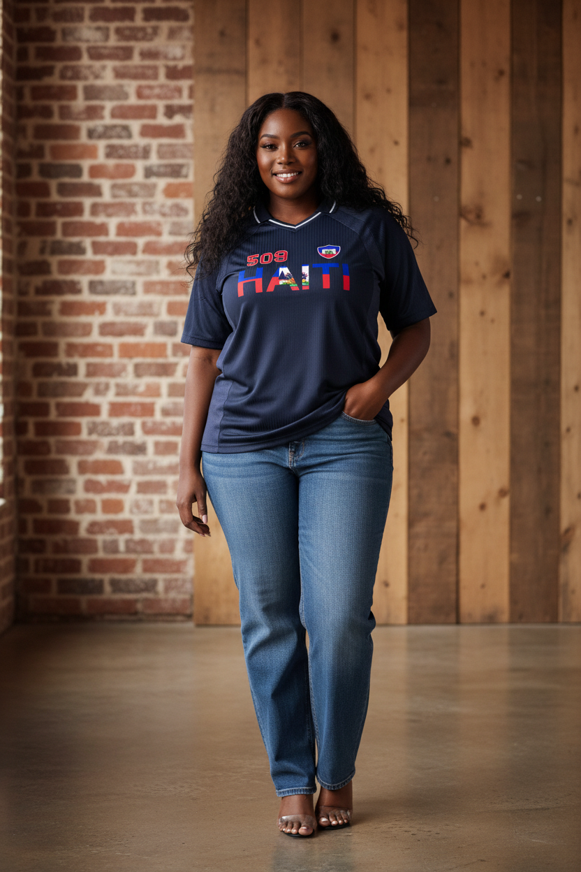 Haitian Pride and Flag Themed Striped V-Neck Unisex  Soccer Jersey