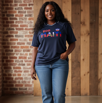 Haitian Pride and Flag Themed Striped V-Neck Unisex  Soccer Jersey