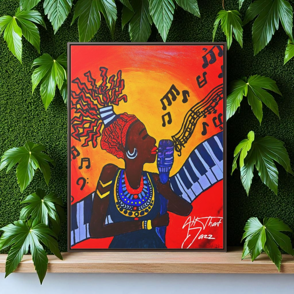 Original Painting, Afro Music Art Gallery Canvas, Jazz Singer Painting Vertical Frame, Black History Decor, Musician Portrait Printify