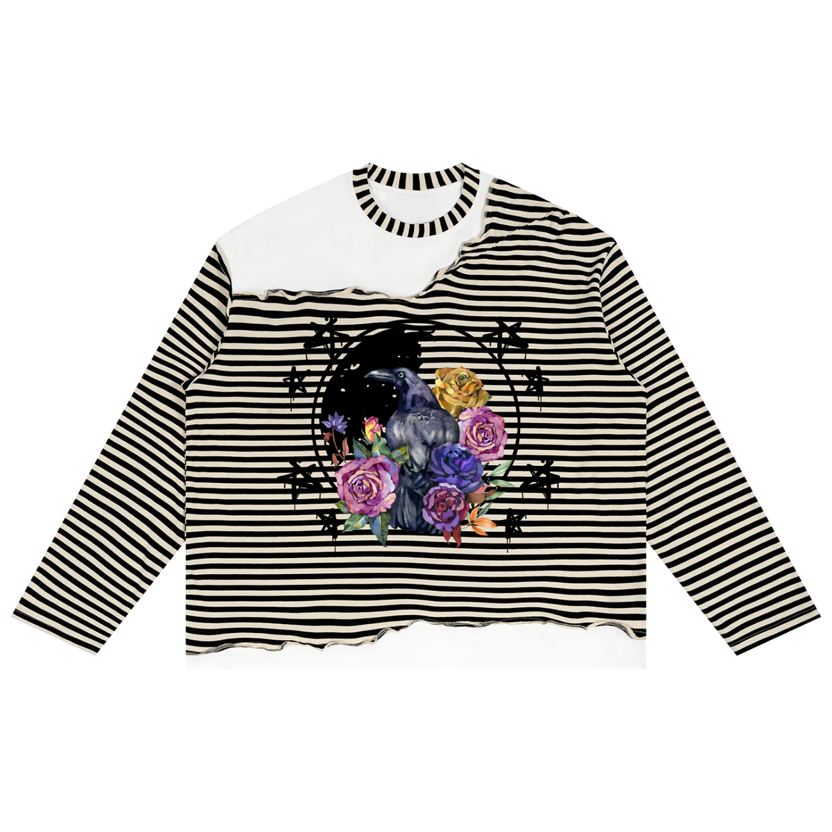 Gothic Raven Graphic Unisex Striped Panel Boxy Long Sleeve T-Shirt