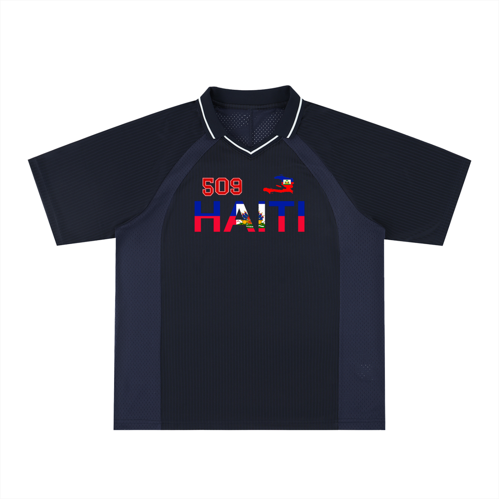 Unisex V-Neck Soccer Jersey Featuring Haiti-Inspired Flag Stripes