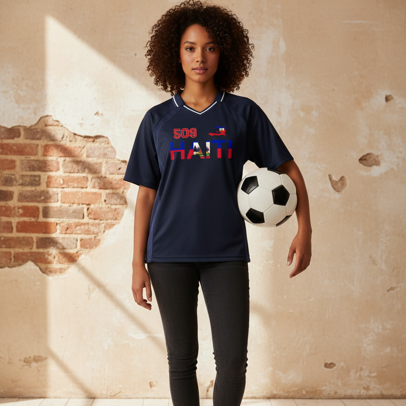 Unisex V-Neck Soccer Jersey Featuring Haiti-Inspired Flag Stripes