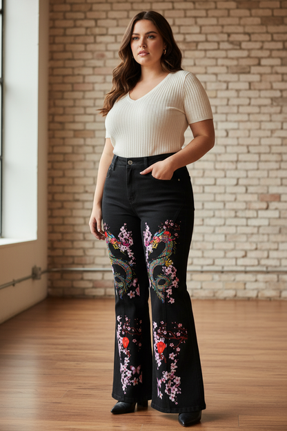 Dragon and Floral Art Graphic Women's Flared Leg Jeans, Curvy Sizes