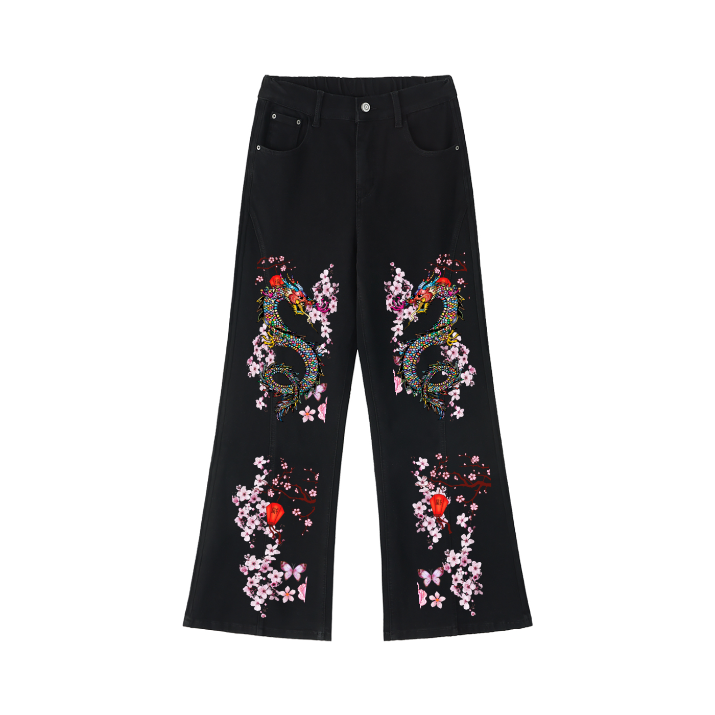 Dragon and Floral Art Graphic Women's Flared Leg Jeans, Curvy Sizes