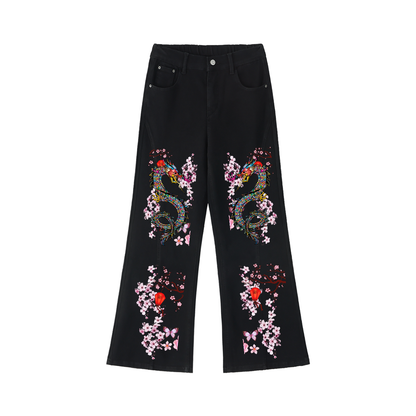 Dragon and Floral Art Graphic Women's Flared Leg Jeans, Curvy Sizes