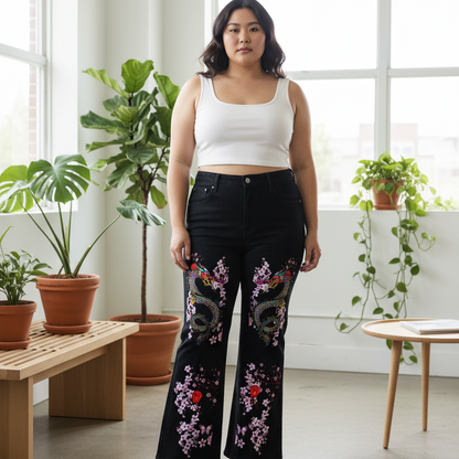 Dragon and Floral Art Graphic Women's Flared Leg Jeans, Curvy Sizes