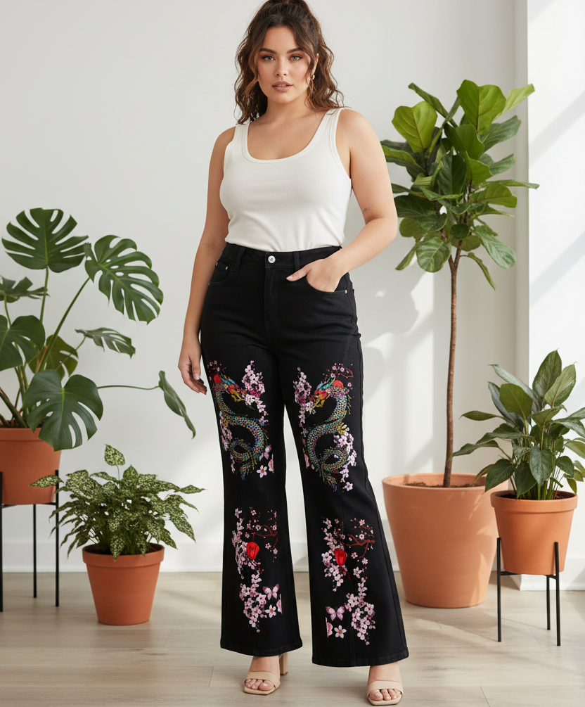 Dragon and Floral Art Graphic Women's Flared Leg Jeans, Curvy Sizes