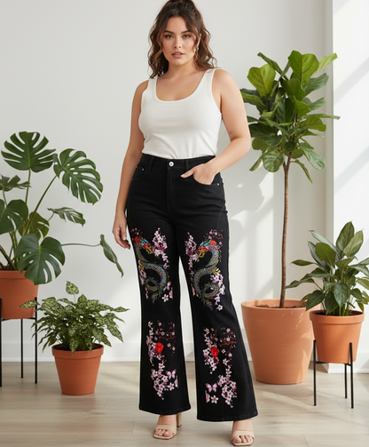 Dragon and Floral Art Graphic Women's Flared Leg Jeans, Curvy Sizes