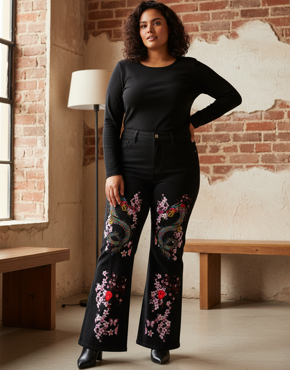 Dragon and Floral Art Graphic Women's Flared Leg Jeans, Curvy Sizes