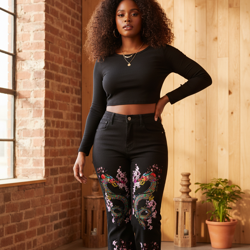 Dragon and Floral Art Graphic Women's Flared Leg Jeans, Curvy Sizes