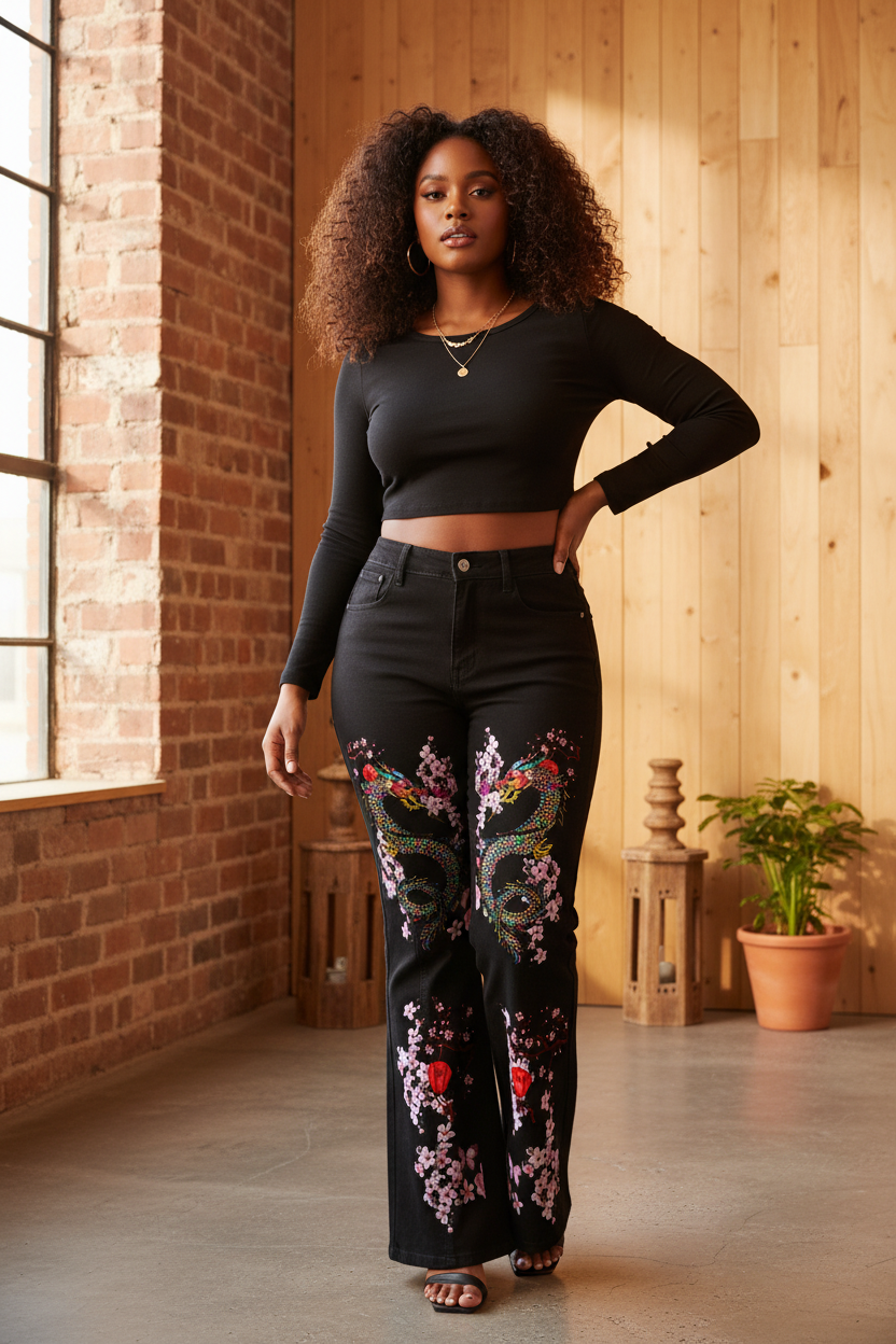 Dragon and Floral Art Graphic Women's Flared Leg Jeans, Curvy Sizes