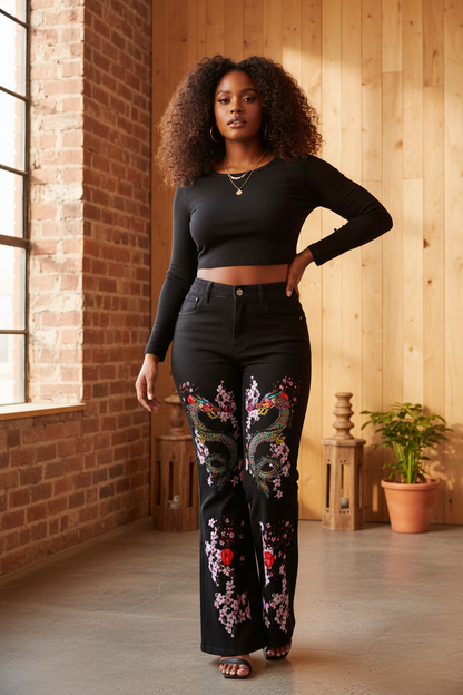 Dragon and Floral Art Graphic Women's Flared Leg Jeans, Curvy Sizes