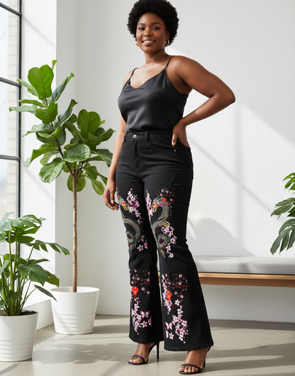 Dragon and Floral Art Graphic Women's Flared Leg Jeans, Curvy Sizes