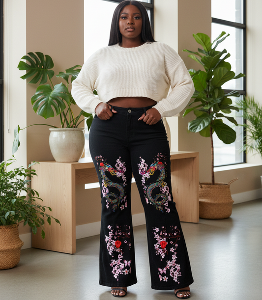 Dragon and Floral Art Graphic Women's Flared Leg Jeans, Curvy Sizes