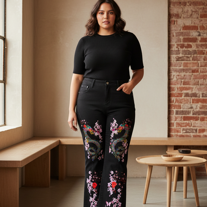 Dragon and Floral Art Graphic Women's Flared Leg Jeans, Curvy Sizes