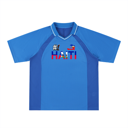 Haiti Flag Themed Striped V-Neck Unisex  Soccer Jersey