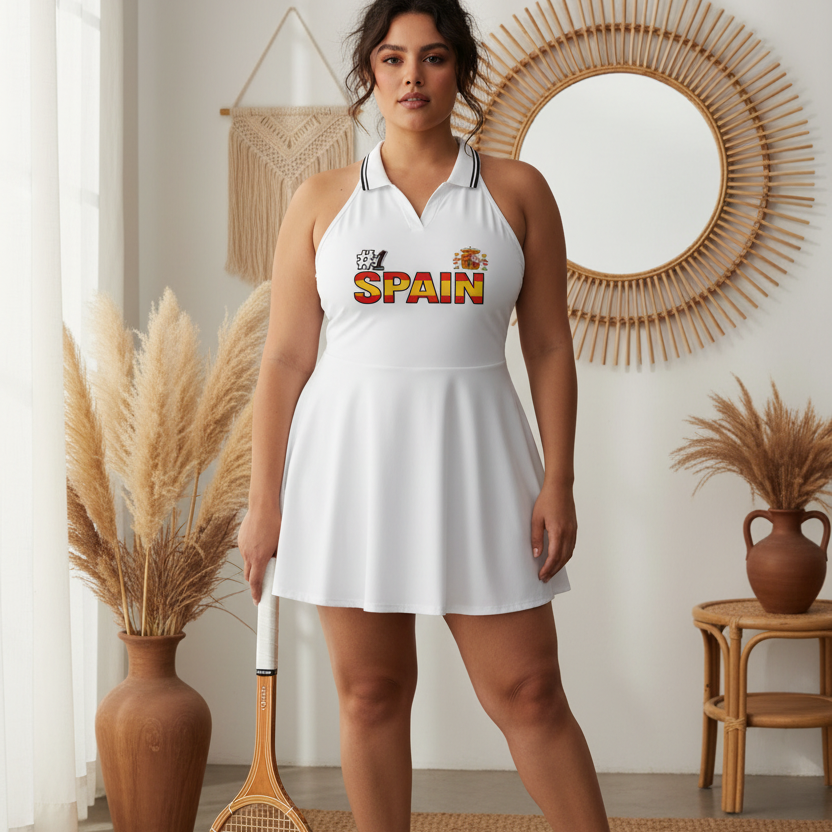 Spain Flag Themed Women's Collared Halter A-Line Tennis Dress