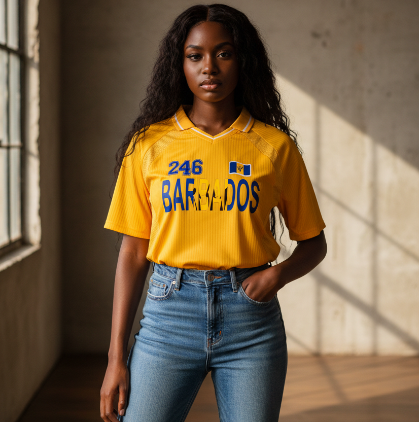 Barbados Flag Themed Graphic Striped V-Neck Unisex Soccer Jersey