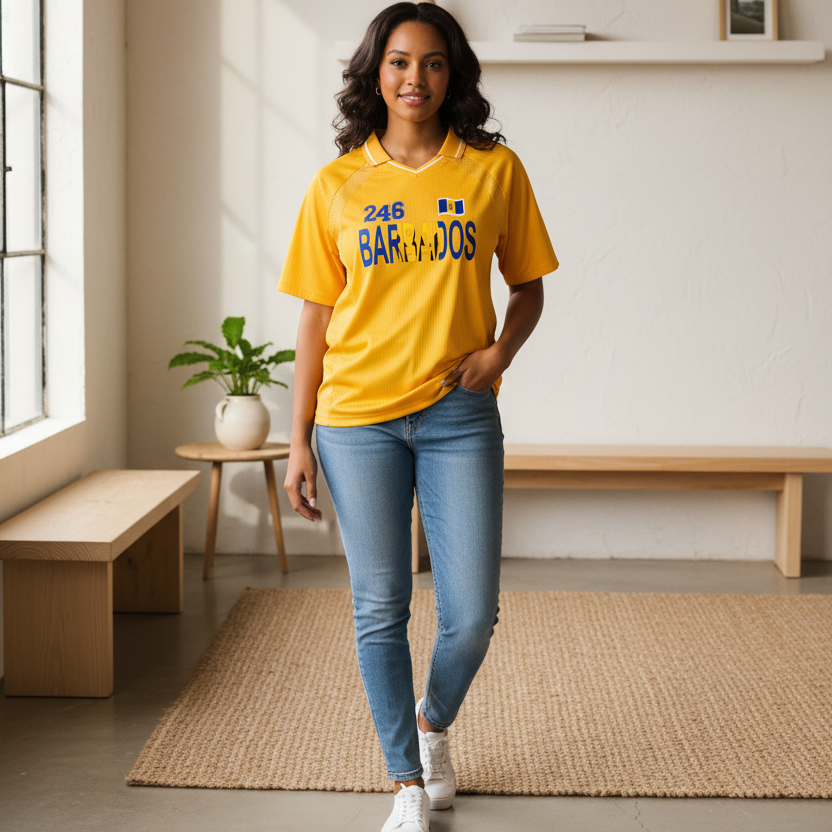 Barbados Flag Themed Graphic Striped V-Neck Unisex Soccer Jersey